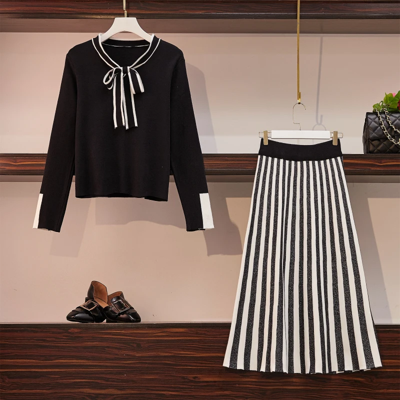 

Plus Large Size Women's Dress Autumn Winter Long Sleeve Bow Tie Striped Dress Knitted Sweater Suit Skirt Two-Piece Suit Drress
