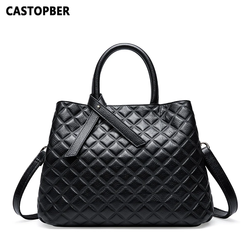 

Women Quilted Bag Tote Handbags Cowhide Genuine Leather Ladies Shoudler Bag Diamond Lattice Large Capacity Female Purse Famous