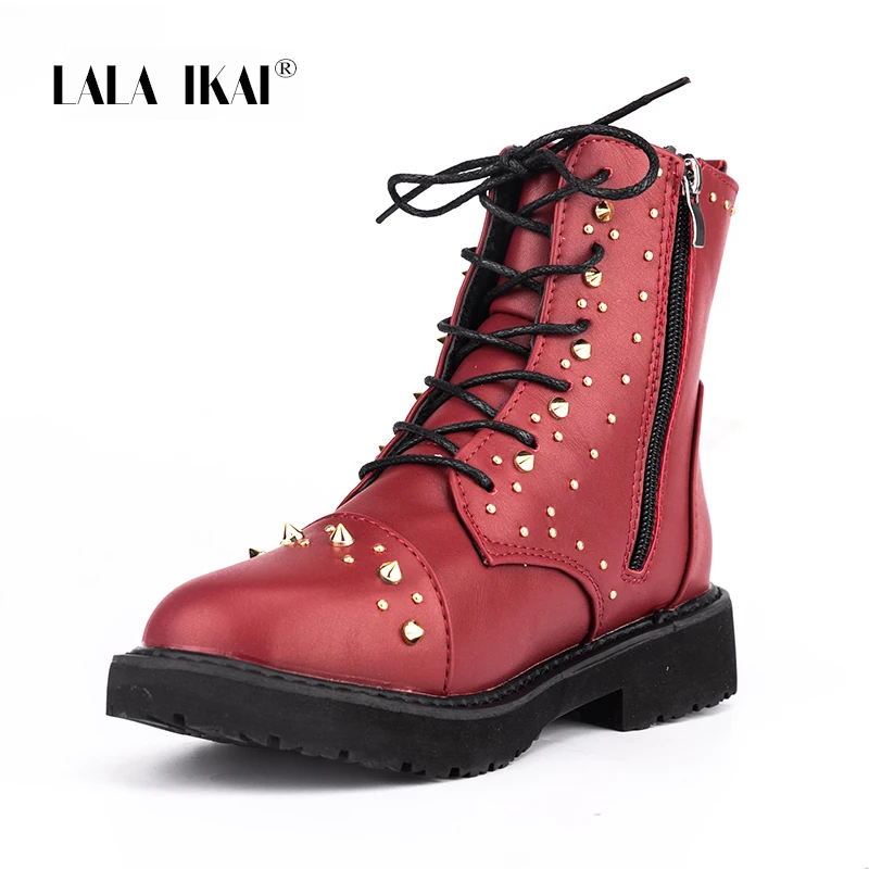 LALA-IKAI-Women-Winter-Boots-Black-Red-Rivets-Motorcycle-Boots-Vintage-Lace-up-PU-Leather-Female