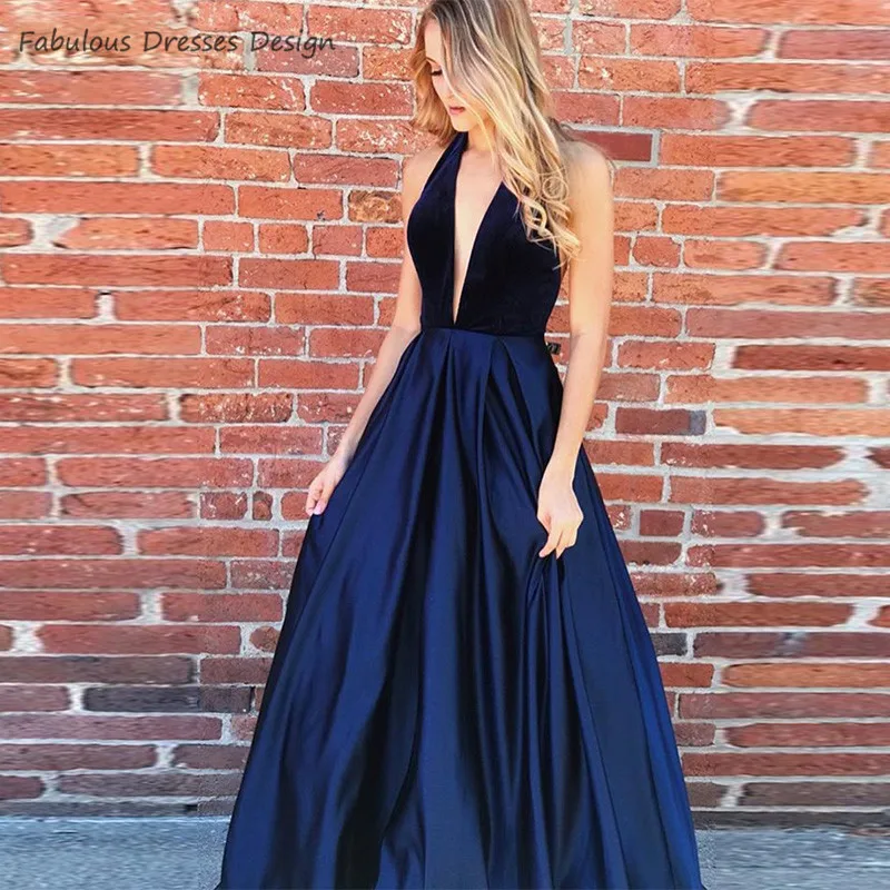 

Navy Blue A Line Prom Dresses Halter Backless Deep V Neck Sweep Train 2020 Charming Women Long Prom Dresses Party Gown Vestidos