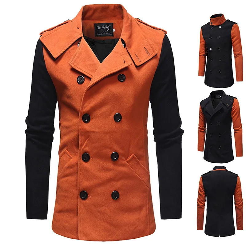 

Coat Men The 2018 New Arrival Autumn Winter Fashion Matching Color and Double Breasted Tweed Trim Trench Coat Streetwear