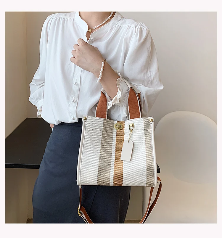 Fashion Striped Canvas Women Shoulder Bag Big Capacity Shopper Bags For Women Casual Wide Strap Handbag Women's Bag Commute Tote