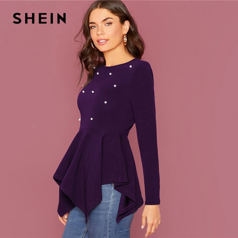 Kaufen SHEIN Perle Verschönert Hanky Hem Schößchen Top Frauen Frühling Herbst Ausgestattet Ausgestelltes Rundhals Eleganten Frauen Tops und Blusen
