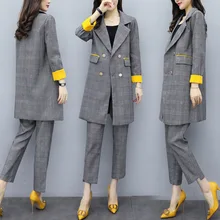 Женские костюмы, брюки, костюм, Корейская версия осени, тонкий клетчатый длинный пиджак, костюм, повседневные брюки, Блейзер, Женский комплект из двух предметов