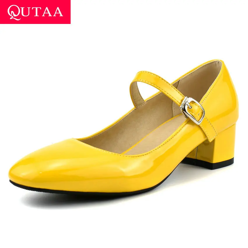 

QUTAA 2020 Buckle Square Heel All Match Single Shoes PU Leather Spring Ladies Pumps Round Toe Shallow Women Shoes Big Size 34-43