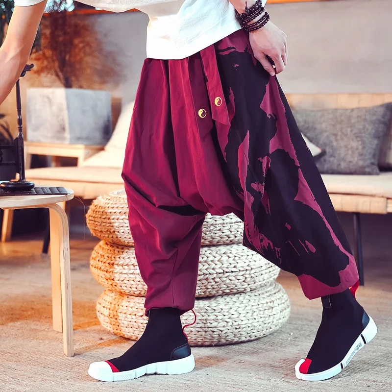 Китайский стиль, хлопковые льняные штаны с принтом в стиле хип-хоп, Мужские штаны для бега, штаны на подтяжках в японском стиле, брюки с редиской, KK3187 - Цвет: 1