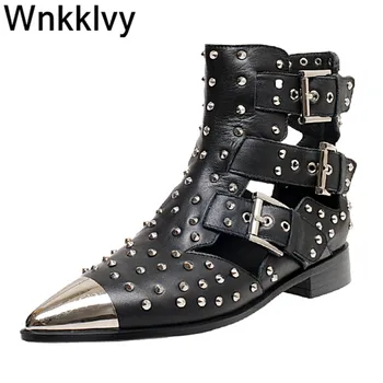 

Summer short boots women low heel metal pointed toe rivets studde belt buckled botas gladiator shoes hollow out ankle boots