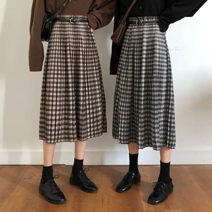 Милая Осенняя клетчатая юбка с эластичной резинкой на талии, Женская плиссированная юбка миди Kawaii Jupe Femme Falda Mujer Gonne goning Saia