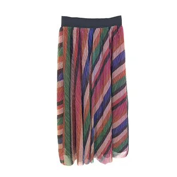 

Women Skirt Spring / Summer 2020 New Skirt Rainbow Print Gauze Skirt Colorful Pleated Midi Skirt Women