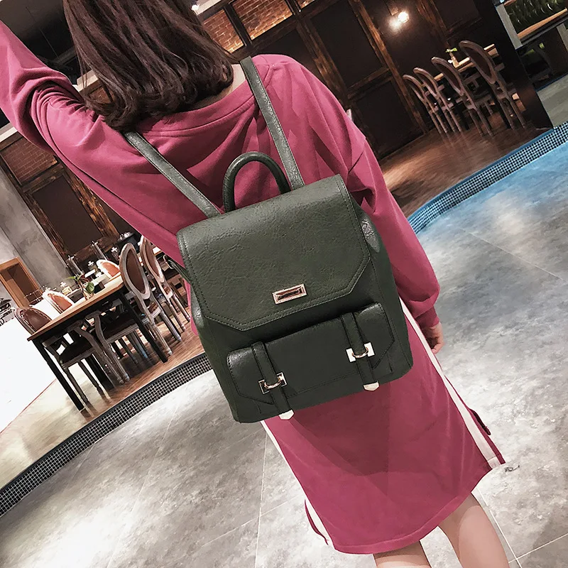 

October New Style Retro Korean-style Double Buckle Simple Fashion Backpack Solid Color Versatile Casual College Style WOMEN'S Ba
