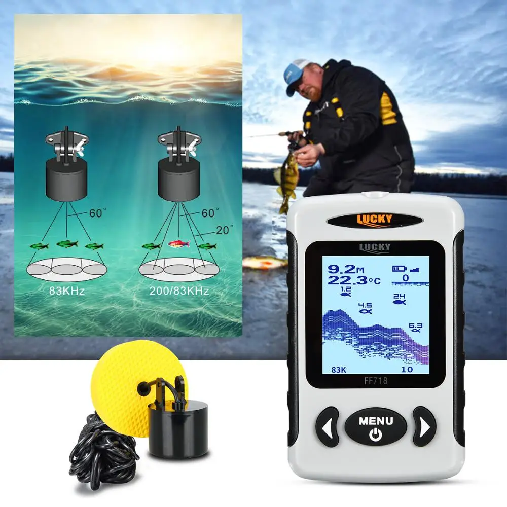  Russian menuLUCKY FF718D-Ice 2.2inch LCD Portable Fish Finder 200KHz/83KHz Dual Sonar Frequency 100