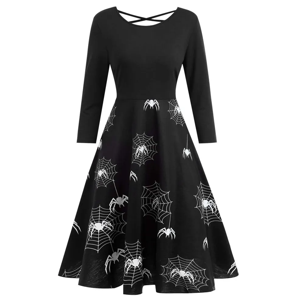 

Dress Women Halloween Autumn Spider Web Bandage Print Gown Flare Evening Party Fashion Vintage A Line Dress Vestidos Ropa Mujer