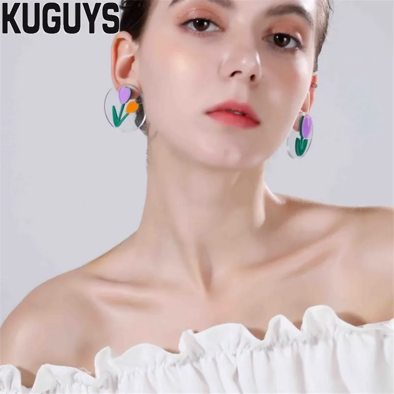 KUGUYS цветы Тюльпан серьги для женщин Акриловые круглые прозрачные