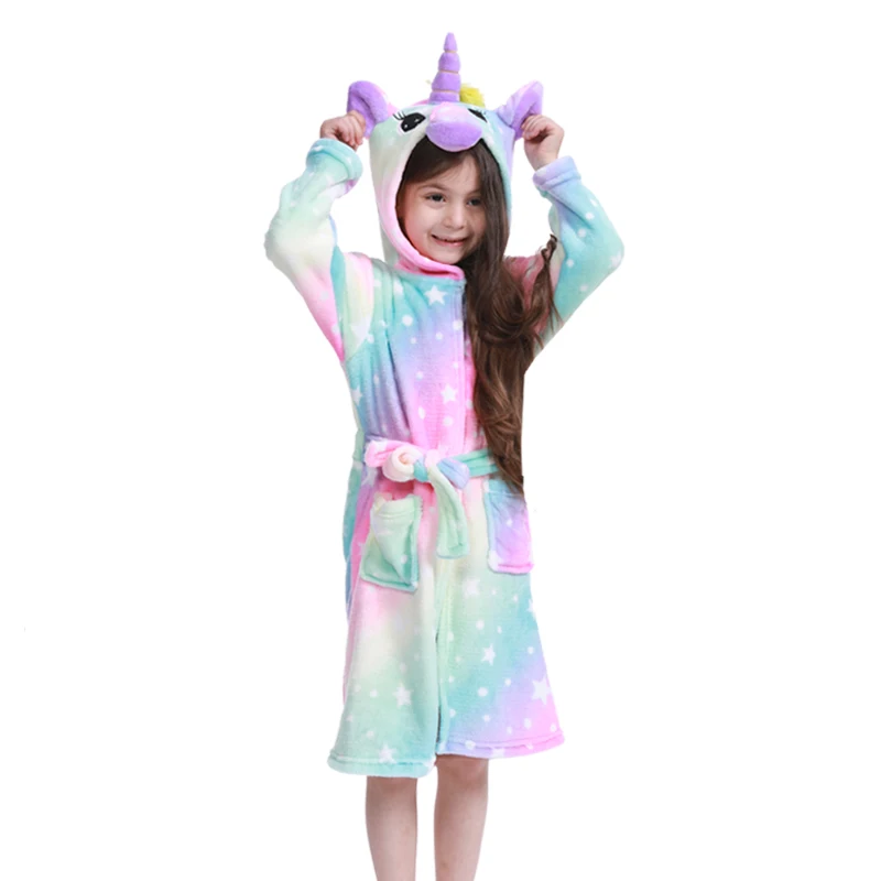 Унисекс, Детские фланелевые халаты, толстовка с единорогом, пижамы, ночная рубашка, детский банный халат, банный халат для мальчиков и девочек - Цвет: Pink star unicorn