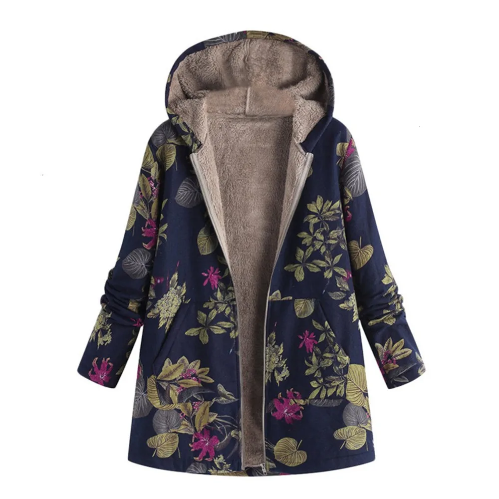 Koop Vrouwen Winter Jas Vrouwen Vrouwelijke Windjack Leren Jas Pluche Jas Warm Uitloper Bloemenprint Capuchon Zakken Vintage Jassen