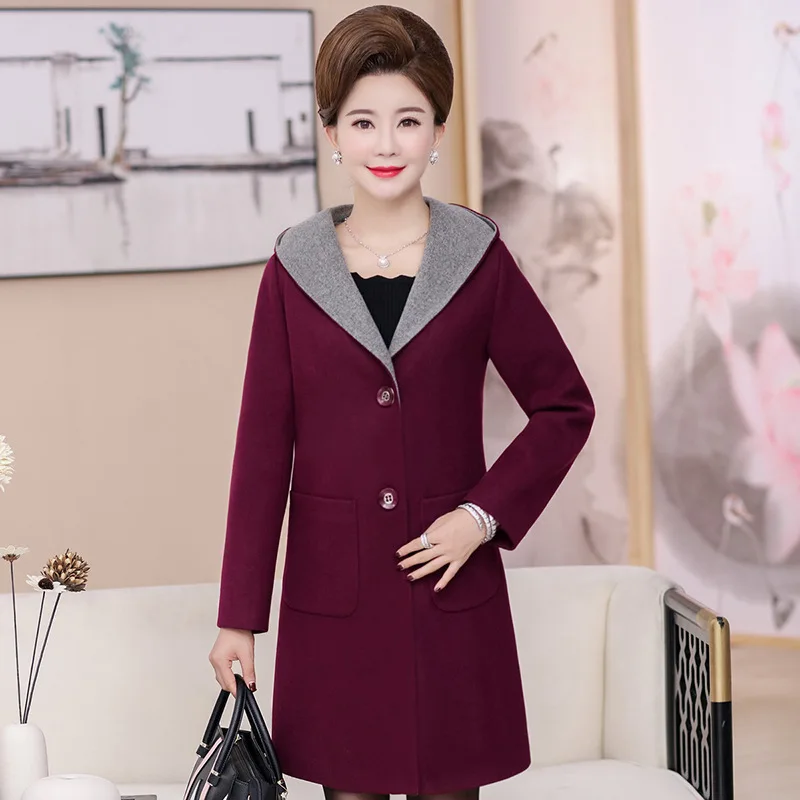Middle-aged WOMEN'S Apparels Autumn And Winter Hooded Woolen Jacket Mid-length Large Size Mom Slim Fit plus Thick Cotton Woolen