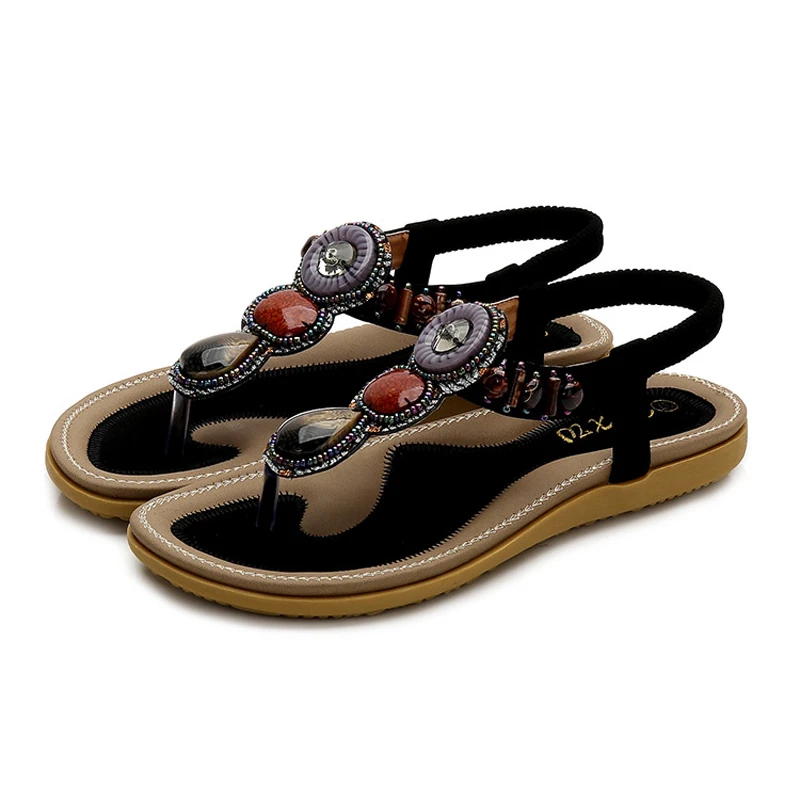Новая стильная женская обувь; удобные сандалии; летние модные Вьетнамки с драгоценными камнями; высококачественные сандалии на плоской подошве; LEMAI сандалии - Цвет: Черный