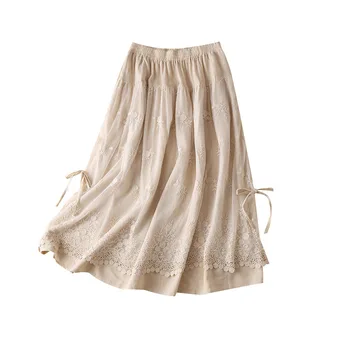 

Lace Patchwork Linen long skirts for women Ankle-Length Japan Style Empire women skirt 2020 spring summer new