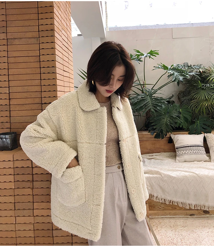 Women Lamb Fur Coat New Autumn Winter Single-breasted Lapel Thicker Jacket Casual Female Overcoat - Цвет: apricot
