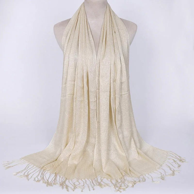 Модный мусульманский Блестящий шарф с люрексом, Женский хиджаб обертывание с кисточкой, сплошной Блестящий платок, платок для женщин, покрытие на голову, тонкий шарф - Цвет: 33 beige yellow
