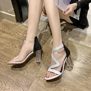 

Summer Sandals 2020 Women Woman Shoes Female High Heels Bling Square Heels Ladies Zippers Transparent Women's Elegant Footwear