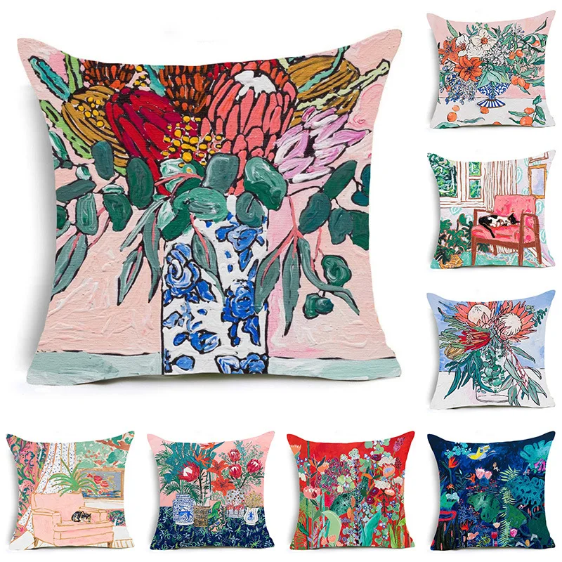 

Single-sided Printing Oil Painting Linen Cushion Cover Sofa Chair Modern Simple Flower Decorative Throw Pillows Case Home Decor