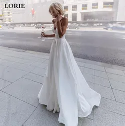 LORIE Slik Satin A Line Wedding Dresses Beach Spaghetti Straps V Neck Bride Gowns 2021 Abito Da Sposa Backless Wedding Gowns
