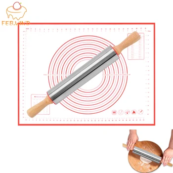 

Wooden Hand Stainless Steel Rolling Pin And Silicone Baking Mat Set Non Stick Pasta Cookie Dough Roller Silicone Pastry Mat 772