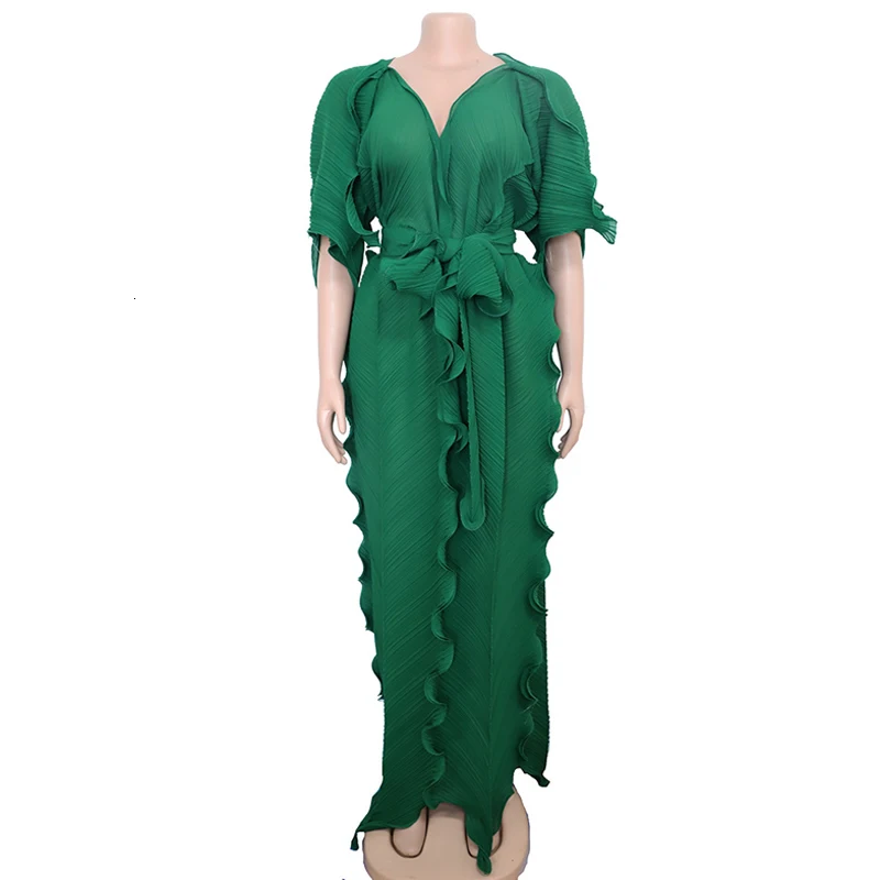 Women Casual Half Sleeve Off Shoulder V Neck Loose Maxi Dress Ruffles Solid Chic Sashes Dress Elegant Evening Party Vestidos - Цвет: Green