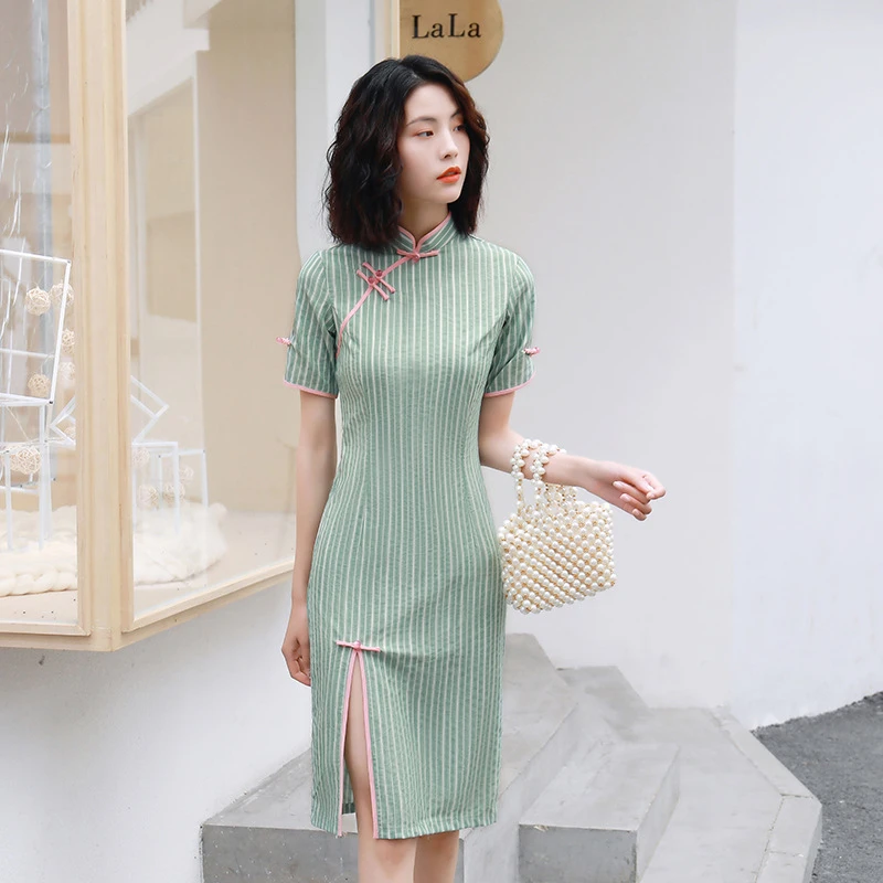 

Oriental Style Plaid Modern Cheongsam China Long Dresses Qi Pao Women Chinese Traditional Clothing Orientale Daily Dress Qipao