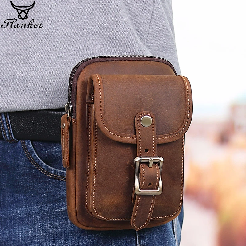 Flanker riñonera de cuero Crazy Horse para hombre, Bolso pequeño de diseño informal, de gancho, funda para teléfono 6,5 pulgadas| - AliExpress