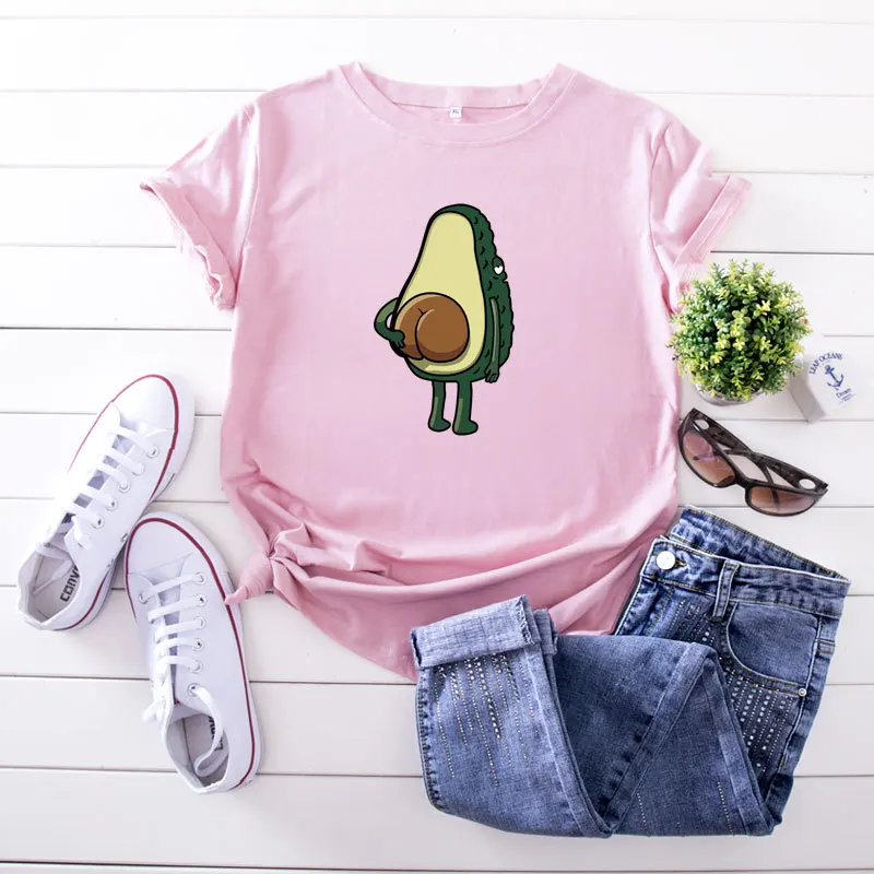 XXXXXL Women Summer Tshirt Cotton Avocado Print T-Shirt Short Sleeve O-Neck Tee Shirt Plus Size Pink Tee Top Korean Style - Цвет: Розовый