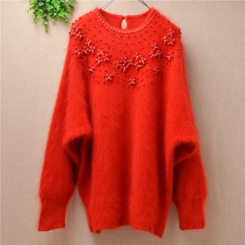 

fashion Christmas red beading Mink cashmere knitted clothes long sleeve loose plush angora rabbit fur sweater pullover women