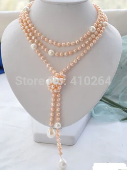 

free shipping $wholesale_jewelry_wig$ free shipping 65" 14mm pink round white drip freshwater pearl necklace