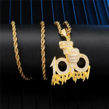 

Hip Hop Full Rhinestone 100 Pendant With Hand Holding Gun Charm Necklace Bling Iced Out Hundred Jewelry For Men Drop Shipping