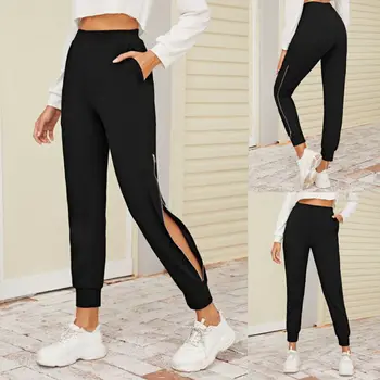 

Fashion Women's Black Long Pants Zipper Hem Elastic Side Slit Sweatpants Trousers Sports Casual Fit High Waist Jogger Pants