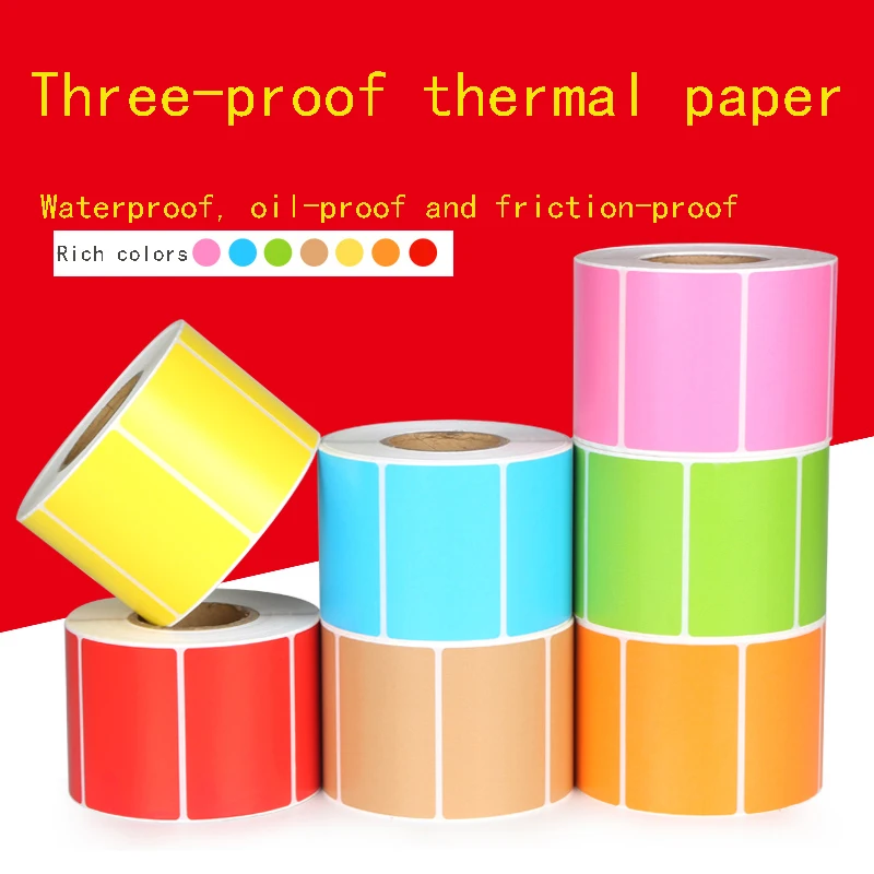 Prueba de tres color papel de etiqueta térmica 100*80x70 60 50 rojo amarillo, naranja verde azul polvo marrón auto-adhesivo de código de barras