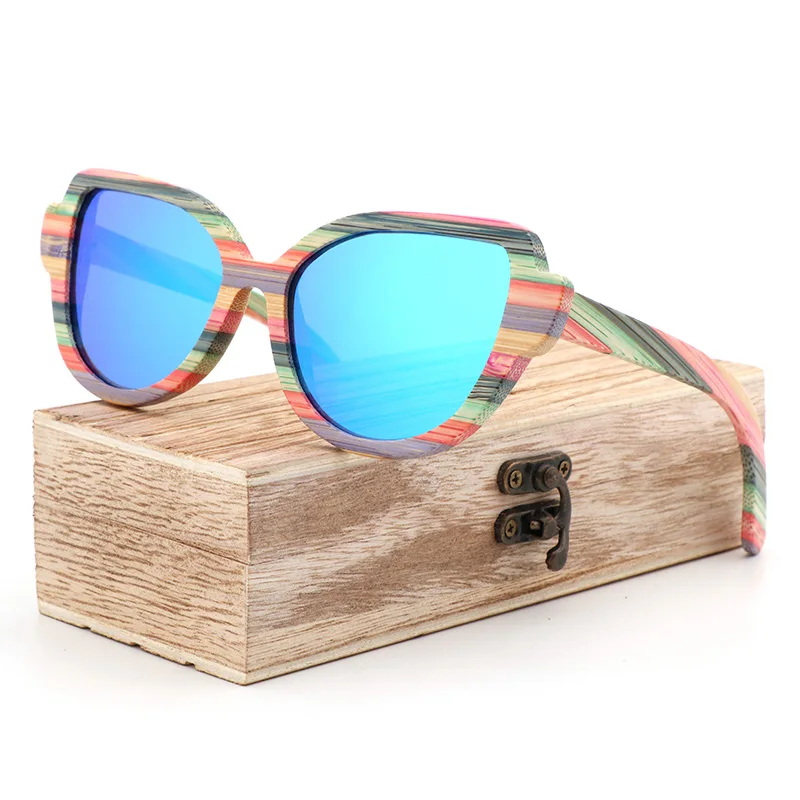 Ice blu - wood box Высококачественные модные женские поляризованные солнцезащитные очки с кошачьими глазами для женщин цветные деревянные солнцезащитные очки ручной работы с деревянной коробкой для очков - Цвет линз: Ice blu - wood box