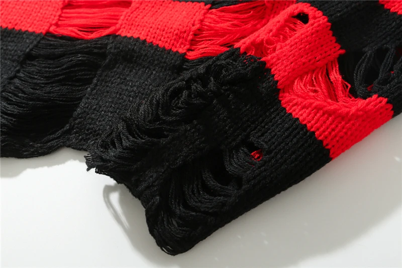 Bebovisi хип-хоп Красный Полосатый Дырокол вязаный мужской свитер Уличная пуловер хипстер Harajuku осенний свободный свитер Swag