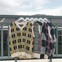 Зимний жилет свитер мужской теплый модный клетчатый свитер с v-образным вырезом пуловер Мужской уличная дикий свободный свитер без рукавов Мужская одежда