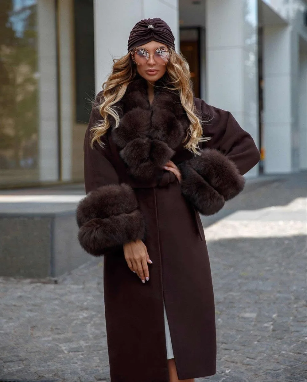Новинка, модное шерстяное длинное большое пальто, куртка с воротником из натурального Лисьего меха, женские пальто из натуральной кожи, роскошное зимнее пальто