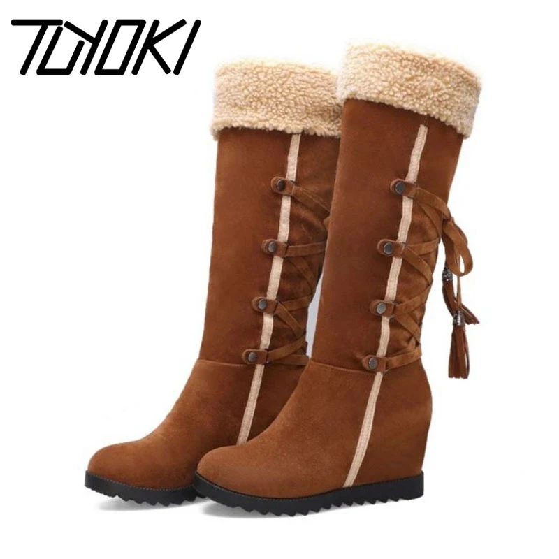 

Tuyoki Women Winter High Heels Knee High Boots Cross Strap Retro Wedges Long Boots Fashion Shoes Woman Footwear Size 32-43