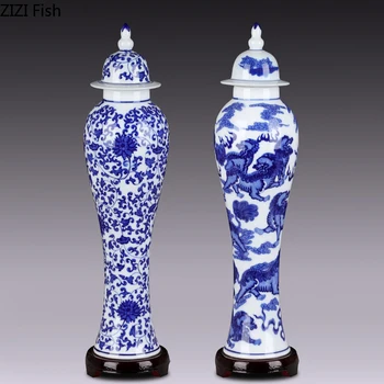 

VINTAGE BLUE AND WHITE PORCELAIN HOME CERAMIC VASE WITH LID ART CRAFTS DECOR CREATIVE SLENDER FLORAL FLOWER VASE HOME DECORATION