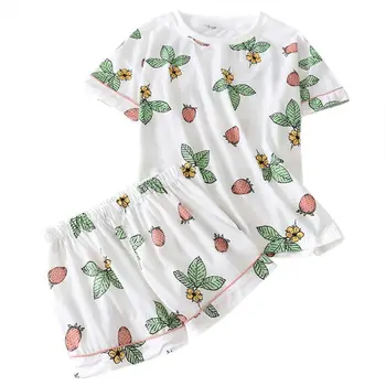 

Women 2Pcs Pajamas Set Heart Strawberry Print Short Sleeve Tops Pants Sleepwear