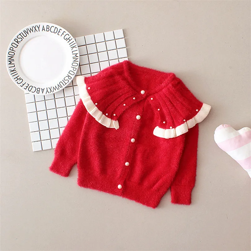 Красный Kids Sweater Girls Cardigan Pearl Woolen Autumn Baby Girls Sweaters Ruffle Collar Toddler Cardigan Knitted Girls Sweater Coat - Цвет: Красный