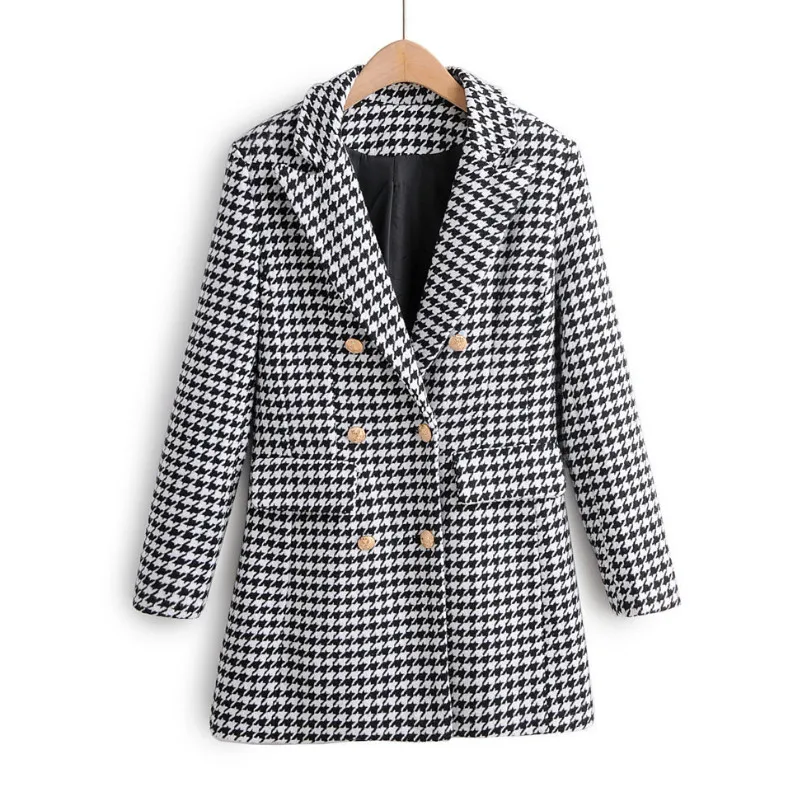 

Women's long jacket temperament casual check suit 2019 autumn and winter new double-breasted women's plaid blazer Office jacket