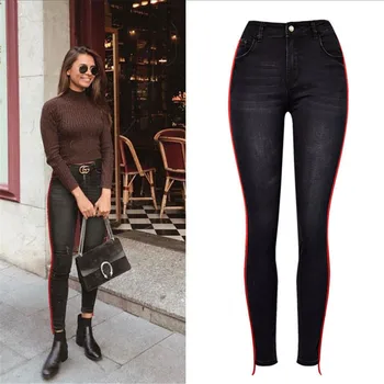 

women's high waist elastic double-sided stitching large red patch denim cropped pants large size casual gray black pencil jeans