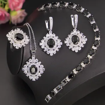 

Shiny CZ Black Cubic Zircon 925 Stamp Silver Color Jewelry For Women Earrings Ring Necklace Set For Women Luxury Wedding Jewelry