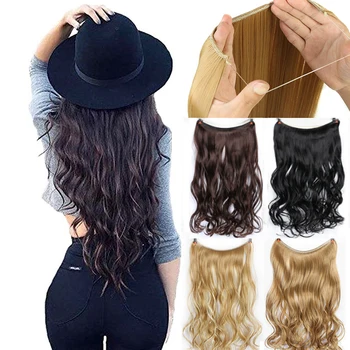 

WTB Synthetic Long Wavy Invisible Fish Line No Clips 22 Inch Hair Extensions Brown Secret Invisible Hairpieces Cosplay Extension
