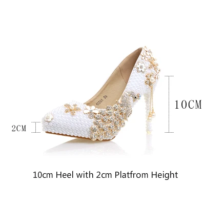 10cm Heel Свадебные туфли с жемчугом; женские туфли-лодочки для невесты с бахромой и кристаллами; женские туфли на высоком каблуке с острым носком, стразы, Павлин; женская обувь на платформе - Цвет: 10cm Heel
